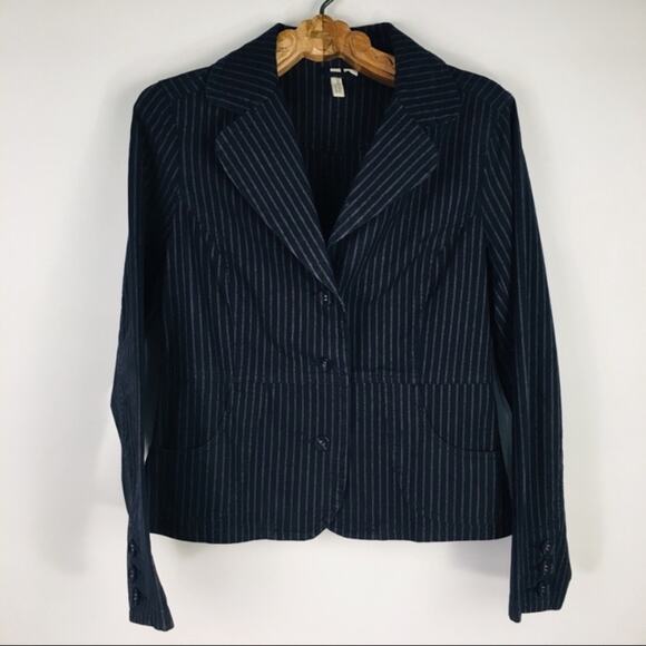 Navy Blue Cotton Casual Blazer Tan Stripes Sz Medium - Picture 5 of 8